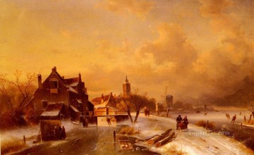 Carlos Leickert Painting - Escenas del canal de invierno y veranoEscena 1 paisaje Charles Leickert